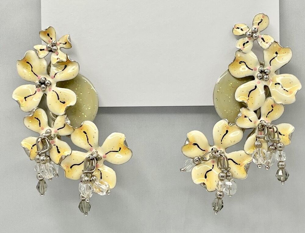 Lunch At The Ritz Enamel "DOGWOOD BRANCH" Statement Clip Earrings RARE!!!